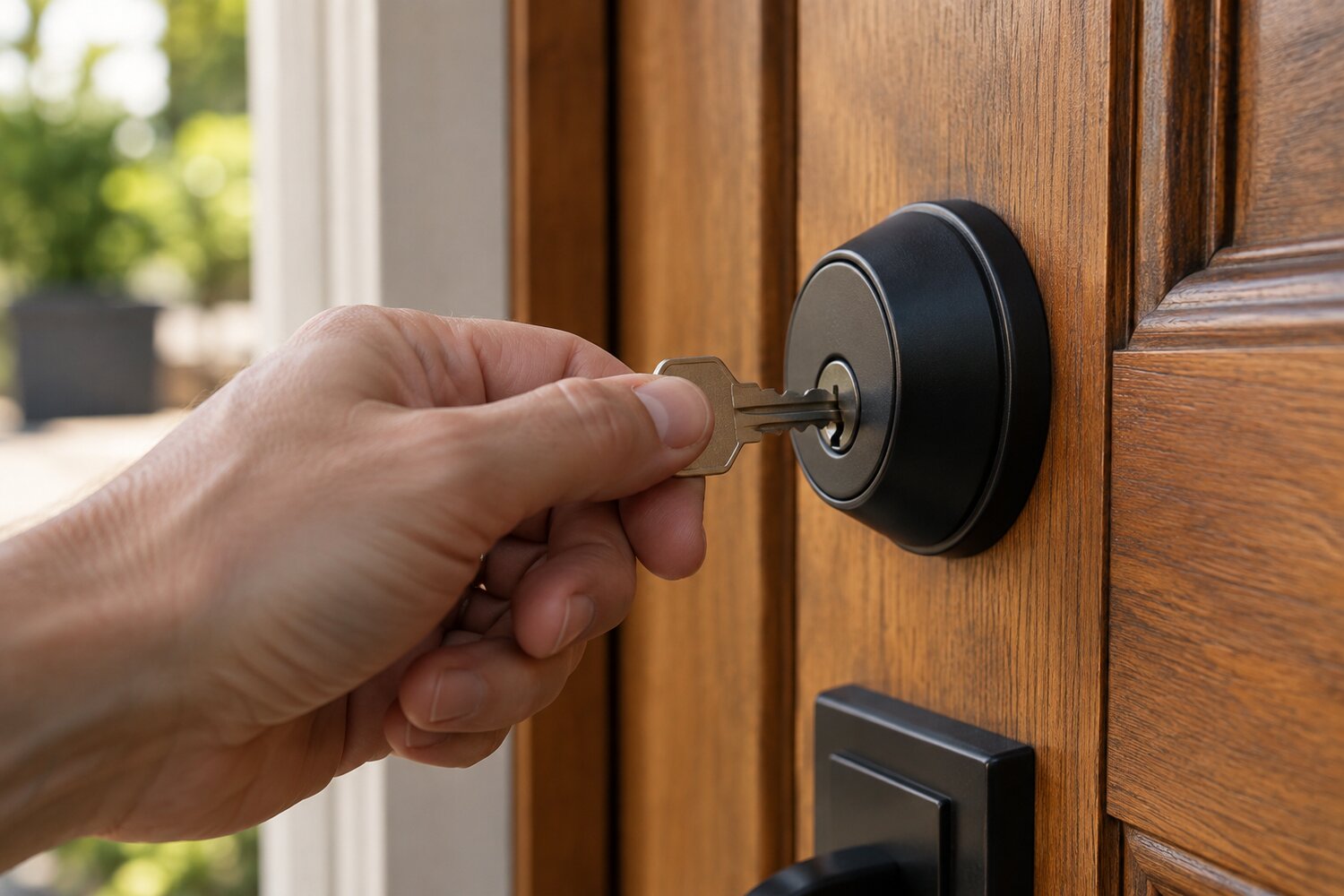 Close-up illustration of a key being used in a residential door lock
